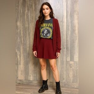 LOFT Skirt Ribbed A-Line Knit Women's Size L Maroon Elastic Waist New